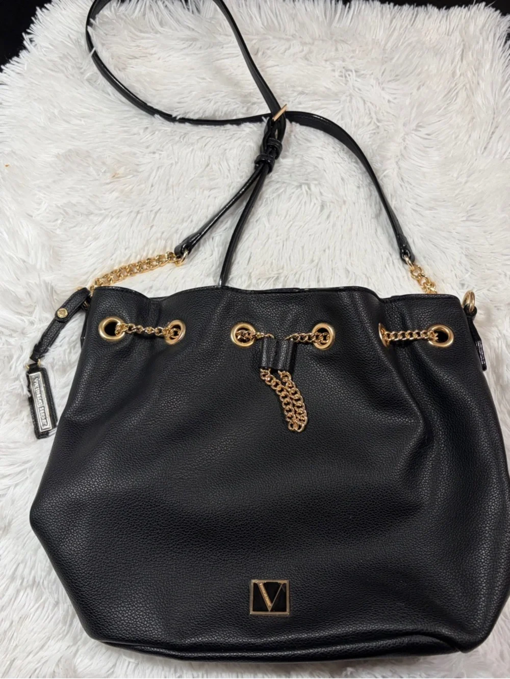 Victoria's Secret Black Drawstring Chain-Accent Hobo
